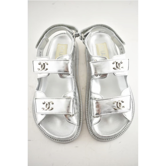 Chanel 22C Silver Laminated Star CC Logo Mule Slide Strap Flat Dad Sandal 35.5 - Picture 5 of 12